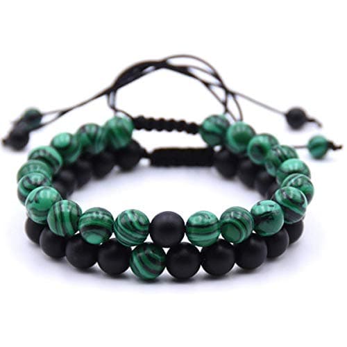 Image of Belons Distance Bracelet 8mm Green Malachite & Black Matte Agate Energy Stones Beaded Bracelets Braided Macrame Tassels, Adjustable Size