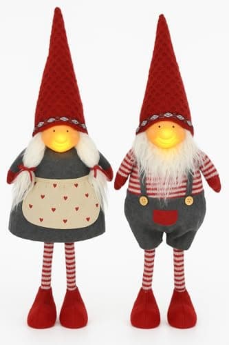 Image of Muddy Hands Set of 2 Christmas Gnomes with LED Light Up Faces - Grandma & Grandad Scandinavian Gonks - Festive Nordic Decorations for Home, Shelf, Xmas Tree & Winter Decor - Battery Operated