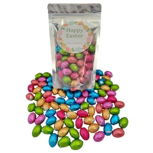 Image of Easter Chocolate Foiled Mini Eggs Sweet Gift Bag Including Isley Creations 300g Bag of Milk Chocolate Mini Eggs In Stand Up Resealable Pouch, Perfect for Gifting, Easter hunts, and Parties.