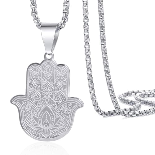 Image of Hamsa Hand of Fatima Pendant Necklace Hamsa Hand and Evil Eye Necklace The Hamsa Hand Necklace Vintage Stainless Steel Good Luck Amulet Protection Necklace Talisman Jewelry Gifts for Men Women