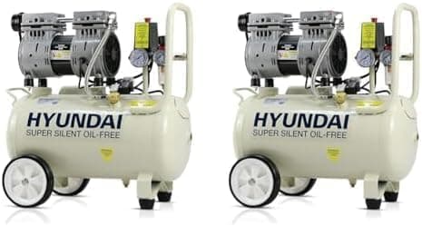 Image of Hyundai HY7524 24 Litre Air Compressor, 5.2cfm/100psi, Silenced, Oil Free, 750w / 230v Direct Drive, 150 litres Per Minute Low Noise Air Compressor, 2 Year Warranty, White (Pack of 2)
