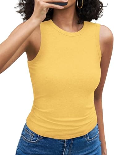 Image of Aottori Yellow Tank Top Women Summer Gym Vest Tops Round Neck Racer Back Sleeveless Cami Ladies Ribbed Fitted Basic Sports Cami Shirts Yellow L