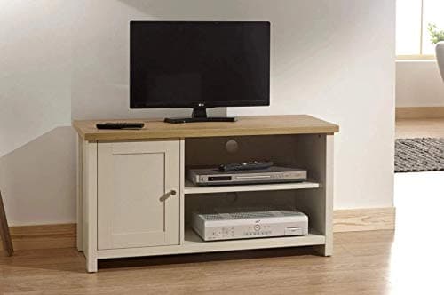 Image of GFW Lancaster 1 Door Elegant TV Display Shelves & Storage Cabinet, Entertainment Unit Media Stand Country Inspired Wooden Living Room Furniture, Cream Finish With Oak Contrast Top W95 xL40 x H50 cm