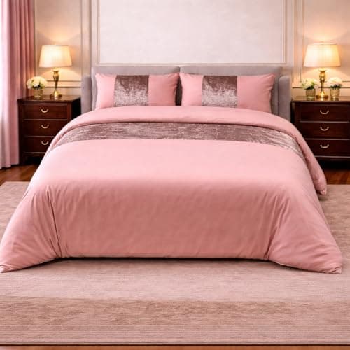 Image of ROOEE Crushed Velvet Panel Duvet Cover with Pillowcase Bedding Set. [ Colour Blush-Pink Size King ]
