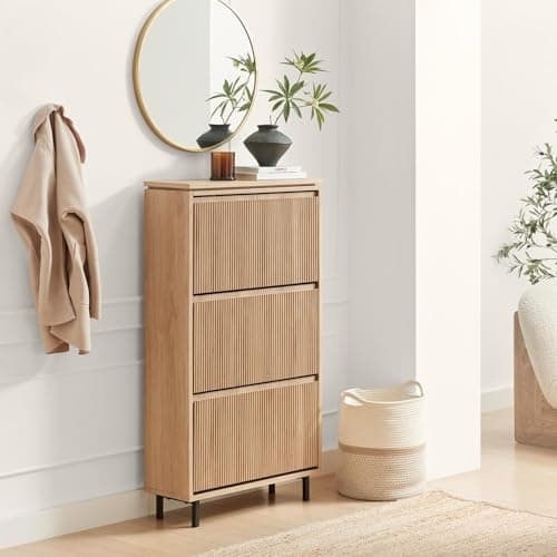 Image of Furniturebox UK Penrose Oak Effect Wood Shoe Cabinet - 6 Flip-Out Drawers - Slatted Wooden Fronts - Scratch Resistant Melamine - Modern Bedroom or Hallway Storage - Japandi & Scandi Style