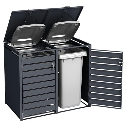 Image of DWD Garden Double Wheelie Bin Hideaway 120L,240L Waste Bin,Storage Shed w/Locking Doors Assisted lift up Lid easy use Outdoor Hygienic Dustbin Cover Powdercoated Steel Matt Grey/Grey Slatted Doors