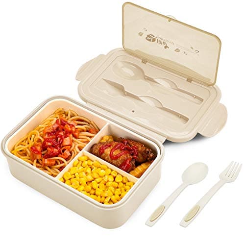 Image of BIBURY Lunch Box, Leakproof Bento Box for Kids Adults, Food Container with 3 Compartments and Cutlery Set, BPA Free, Microwave and Dishwasher Safe Meal Prep Containers - Khaki