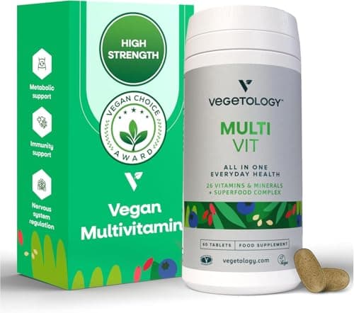 Image of Vegetology Vegan Multivitamin Tablets for Women and Men, 26 Chelated Vitamins and Minerals with Iron, Vitamin B12, D3 and K2, Metabolic, Brain, Immune Support, 60 Tablets, 2 Months Supply, Ages 11+