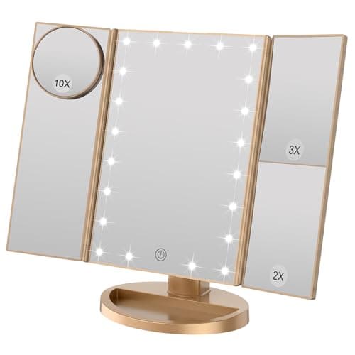 Image of WEILY Tri-Fold Makeup Mirror with 2X/3X Magnifying 21 LEDs, 2 Power Supply Mode, Touch Switch Tabletop Cosmetic Mirror (Gold)
