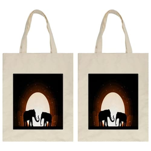 Image of VAPOKF Canvas Tote Bags, Reusable Grocery Cloth Bag, Eco-Friendly Shopper Bag, Top Handle Bags Shoulder Bag for Shopping Work School Travel Casual Daily - Two Elephant Shadow under Moon
