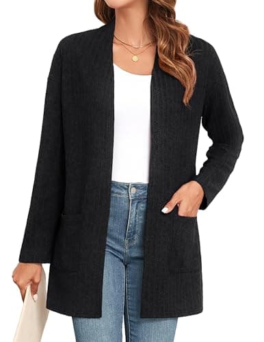 Image of IWOLLENCE Cardigans for Women UK Long Sleeve Lightweight Cardigans Open Front Ribbed Knit Outerwear Cardigan Jumper with Pocket (Black, M)