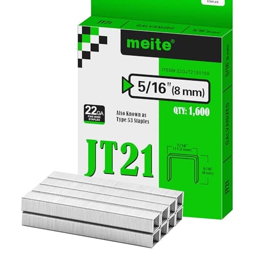 Image of meite Type 53/8 mm Staples, Galvanised JT21 Staples for Staple Gun, Fine Wire, 7/16" (11.2 mm) Crown Type 53 Staple Refill, Ideal for Upholstery, Crafts, Furniture (1,600 Counts)