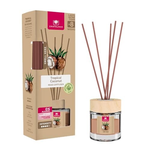 Image of Cristalinas 35ml Tropical Coconut Air Fresheners - Reed Diffuser Home Fragrance Lasts upto 8 weeks - Room Diffuser Sticks with Coloured Fragrance Oil