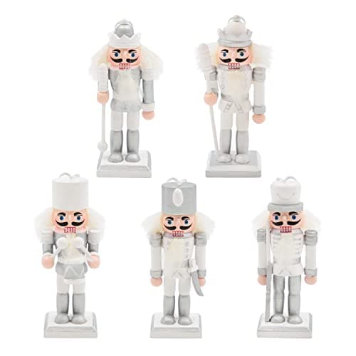 Image of The Christmas Workshop 5PK Wooden Nutcrackers/Hanging Christmas Tree Decorations/Festive Ornaments (Silver and White)