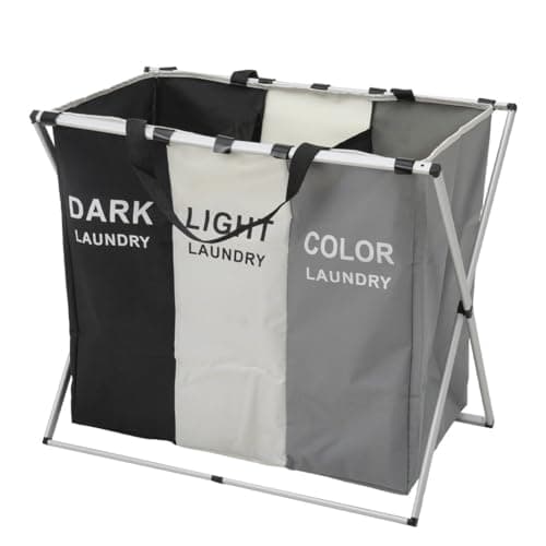 Image of Warmiehomy Collapsible Laundry Basket 3 Compartments Foldable & Washable Washing Basket Large Laundry Sorter with Aluminum Bracket and Handle for Laundry Room, Bedroom,66x38x58cm