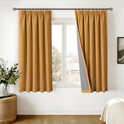 Image of INOVADAY 100% Blackout Curtains for Bedroom 54 inch Drop, Thermal Insulated Curtains & Drapes Mustard Yellow Pencil Pleat Curtains for Living Room with Coated Backing 2 Panels, 46" W x 54" L