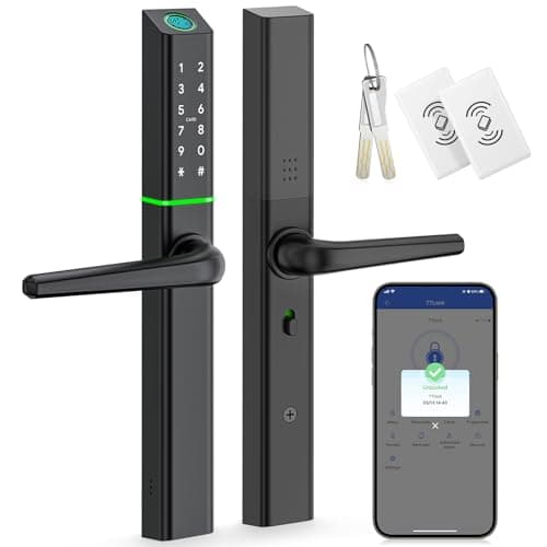 Image of Ruveno Weatherproof Smart Door Lock with Handle: Fingerprint Keyless Entry - Digital Code Door Lock for Aluminum Wooden Door - Bluetooth Electronic Deadbolt - APP Control - Slimline Design