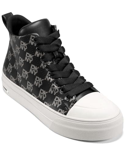 Image of DKNY, Women's Shoes, Yaser Logo - Lace Up Mid Trainers, BLK/Nickel, 37.5