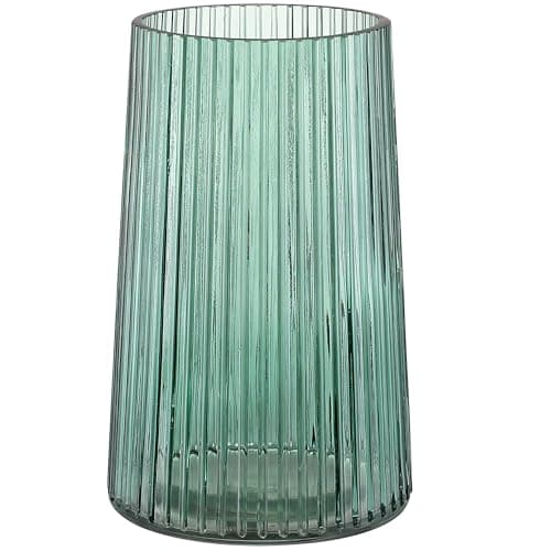 Image of KAYLETIN Green Glass Vase for Flowers, Glass Flower Vase, Flower Vases for Bouquet, Modern Ribbed Vases for Bedroom, Living Room, Office, Bookshelf, 20CM