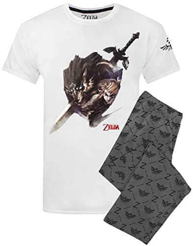 Image of The Legend of Zelda Pyjamas For Men | Adults Nintendo White T Shirt & Charcoal Lounge Pants Set | Wolf Link Gaming PJS Merchandise