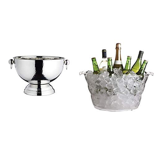 Image of BarCraft Hammered Stainless Steel Champagne bucket, beer, drinks and wine cooler, 37x25cm, Gift Tagged & Clear Acrylic Large Oval Drinks Bucket/Cooler, Beer, Drinks and Wine Cooler, 10 Litres
