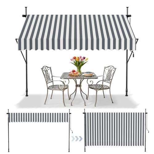 Image of SAILUN Manual Adjustable Awning DIY Patio Clamp Awning Telescopic Canopy with Hand Crank Retractable Shade Shelter For Balcony Garden Patio (300x120cm, Grey Stripe)