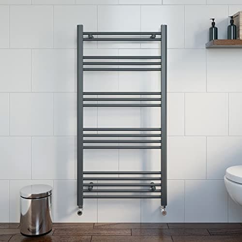 Image of DuraTherm® 1200 x 600mm Flat Straight Heated Towel Rail Radiator Modern Central Heating Bathroom Warmer Wall Mounted Ladder Rad, Anthracite Grey
