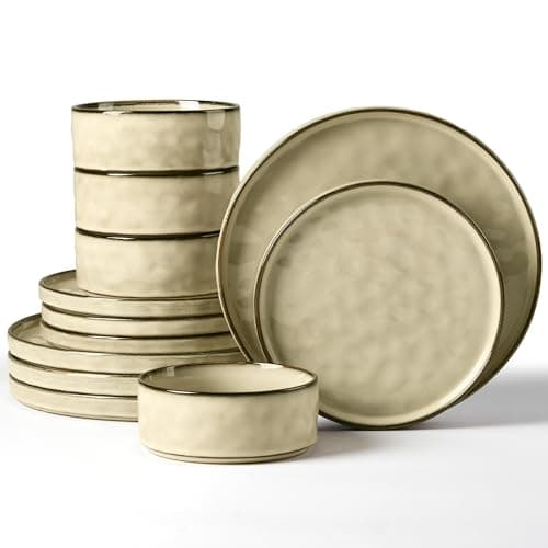 Image of Herogo 12 Piece Dinner Set, Stoneware Dinnerware Sets for 4 People, Reactive Glaze Dining Plates and Bowls, Microwave and Dishwasher Safe, Chip and Scratch Resistant, Sandy Beige