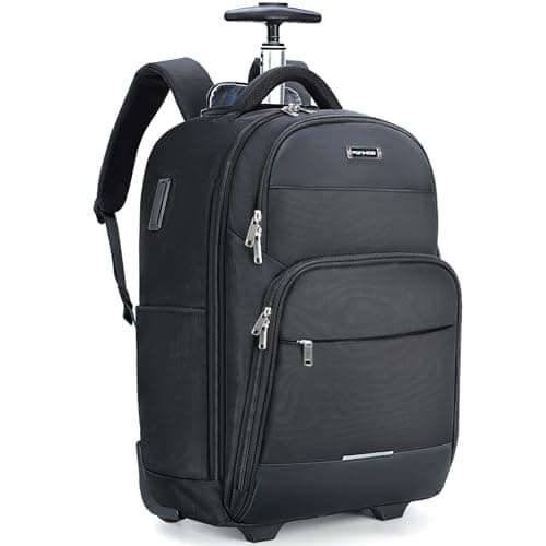 Image of Ponhog Travel Backpack with Wheels, 15.6 Inch 30L Wheeled Backpack with USB Charging Port, Flight Approved Rolling Rucksack for Men & Women Adults, Carry on Luggage Wheeled Suitcase,Black