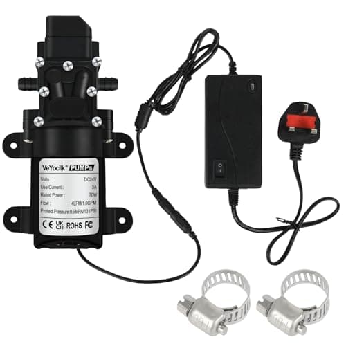 Image of VeYocilk DC 24V Water Pump,1GPM 4L/Min Diaphragm Pump with Pressure Switch and 2 Hose Clamps,UK Plug Power Supply Adaptor for Water Tap,Campervan,Kitchen,Bathroom,Water Tank