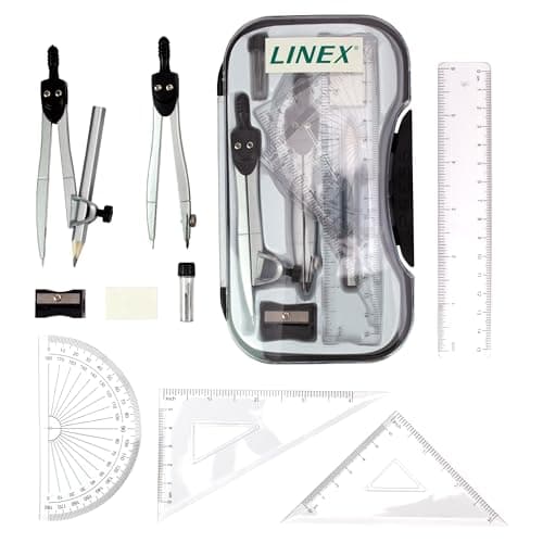 Image of Linex Maths Geometry Set, 10-Piece Exam Kit with Transparent Case, Black, Includes Self-Centring Compasses, Protractor, Ruler, Set Squares & Eraser