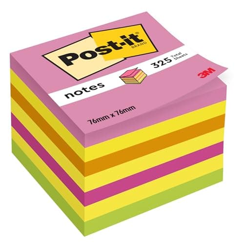 Image of Post-it Sticky Notes Cube Neon Rainbow Collection, Pack of 1 Pad, of 325 Sheets, 76 mm x 76 mm, Pink, Yellow, Orange, Green Colors - Self-Stick Notes for Note Taking, to Do Lists & Reminders