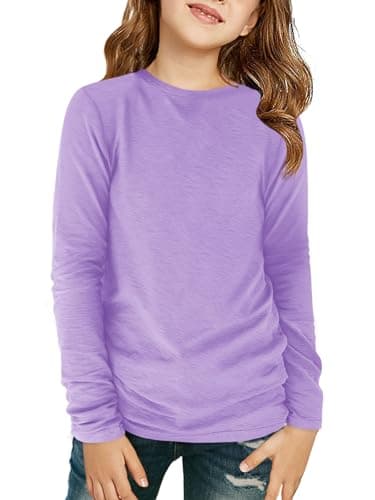 Image of Haloumoning Girls' Long-Sleeved Shirt, Children's Crew Neck Long Sleeve T-Shirts, Plain Casual Sports Tops, Autumn Cute Basic Tees, Tops, 7-14 Years, purple, 11-12 Years