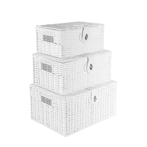 Image of Innoteck Wicker Storage Basket Set with Lids - Handwoven Decorative Storage Boxes with Handles, Large, Medium & Small - Ideal for Home, Bathroom, Kitchen & Office Organisation (White)