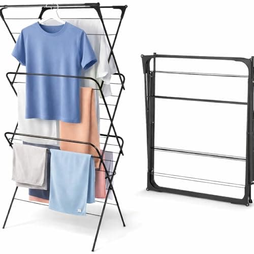 Image of 1ABOVE 3 Tier Clothes Airer, Indoor and Outdoor Clothes Drying Rack with 15 m Drying Space, Non-Slip Feet and Corner Spaces for Hanger-Black
