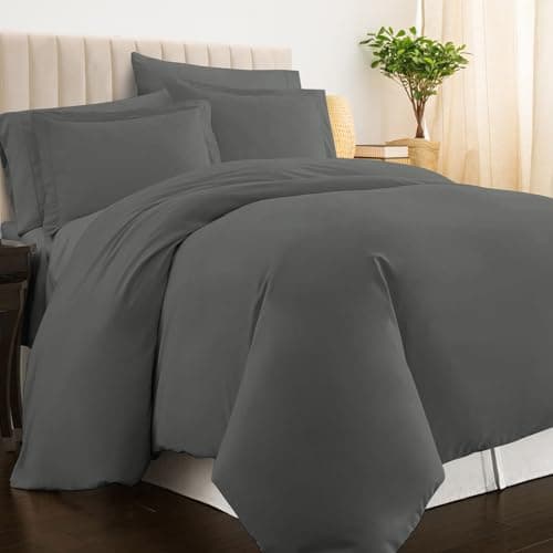 Image of Pizuna 100% Cotton Dark Grey KingSize Duvet Cover Sets, 400 Thread Count Long Staple Cotton Quilt Covers King Size 230 x 220 cm, Sateen Duvet Cover King Size with Button Closure (Grey Bedding Sets)