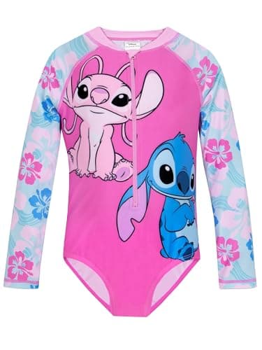 Image of Disney Lilo and Stitch Swimming Costume | Long Sleeve Swimsuit | Stitch Girls Swimsuit | Girls Swimming Costume | Pink 8-9 Years