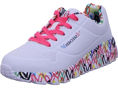 Image of Skechers Girl's Uno Lite Lovely Luv Sneakers, White Synthetic/H. Pink Trim, 1.5 UK Child