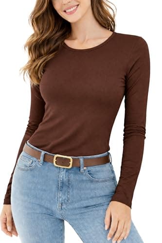 Image of Re Tech UK - Ladies Long Sleeve Tops for Women - Basic Round Neck - Soft Stretch Fitted Top for Women - Plus Size - Black White & More Colours - Great Womens Long Sleeve T Shirts, Brown, XXL