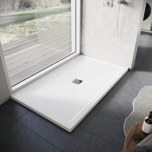 Image of ELEGANT SMC Shower Tray 1000 x 800 x 40 cm White Durable Shower Tray with Non-Slip Flat Stone Look for Shower Enclosure Cubicle and Wet Bathroom + Waste Trap