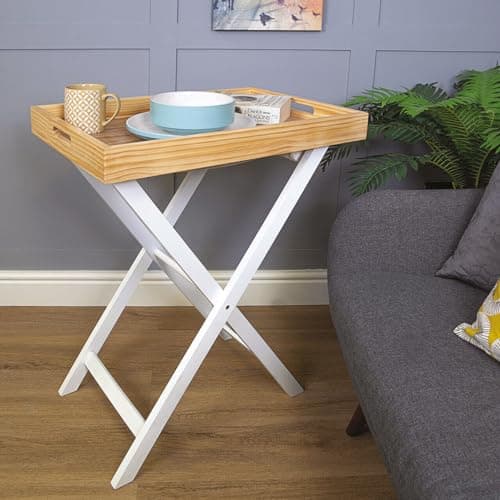 Image of Folding Butlers Tray & Stand - Stylish Wooden Side Table with Detachable Top for Serving Food or Drinks – Ideal for Home, Garden, Kitchen, Lounge, Bedroom, Caravan, Camping - H77 x W60 x D40cm, White