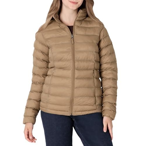 Image of Amazon Essentials Women's Lightweight long-sleeved, water-resistant, packable puffer jacket (available in plus size), Mushroom Brown, L