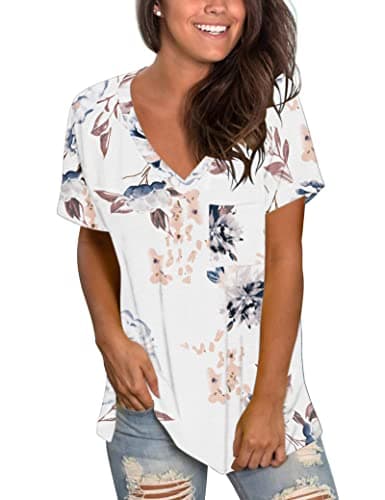 Image of MOLERANI Basic Casual T Shirts for Women V Neck Summer Short Sleeve Tops Floral White S
