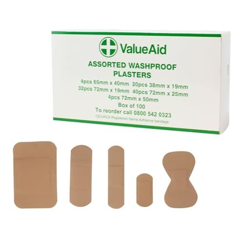 Image of Value Aid Assorted Washproof Plasters - Pack of 100 Individually Wrapped Hypoallergenic, Latex-Free Adhesive - 5 Popular Sizes for First Aid Kit & On-The-Go Medical Supplies