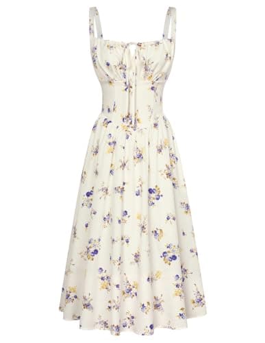 Image of SCARLET DARKNESS Women Summer Dresses Casual Floral Beach Sundress A-Line Sleeveless Spaghetti Strap Victorian Milkmaid Corset Dress Apricot-Dark Blue XL