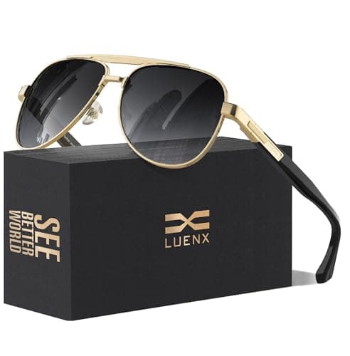 Image of LUENX Sunglasses for Men Women Polarized Shades Driving UV 400 Protection Fashion 60mm -Gradient Black Lens Gold Metal Frame