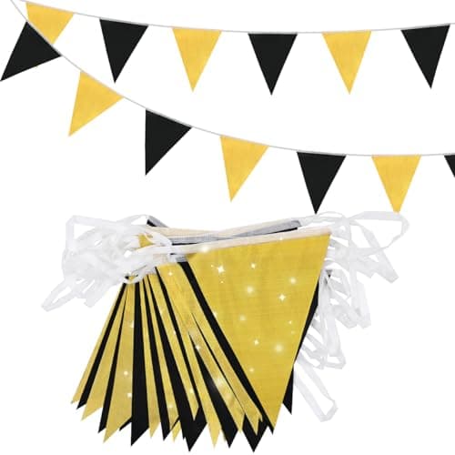 Image of 20m 52pcs Metallic Black and Gold Party Decorations, 16×21cm Fabric Reusable Flags Pennant Black and Gold Bunting Banner for Indoor Outdoor Birthday Party Wedding Graduation Decorations