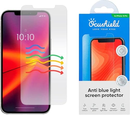 Image of Ocushield Anti Blue Light Screen Protector for iPhone 16 Pro | 17 (6.3") - 9H Tempered Glass Filter Blocks UV & Blue Light, Anti-Bacterial, Designed by UK Optometrists