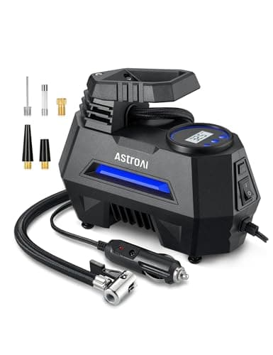 Image of AstroAI Tyre Inflator Air Compressor 12V DC, 35LPM 100W Powerful Portable Car Tyre Pump Auto-Stop with Digital Pressure Gauge, 4 Valve Adaptors and LED Light, Car Accessories