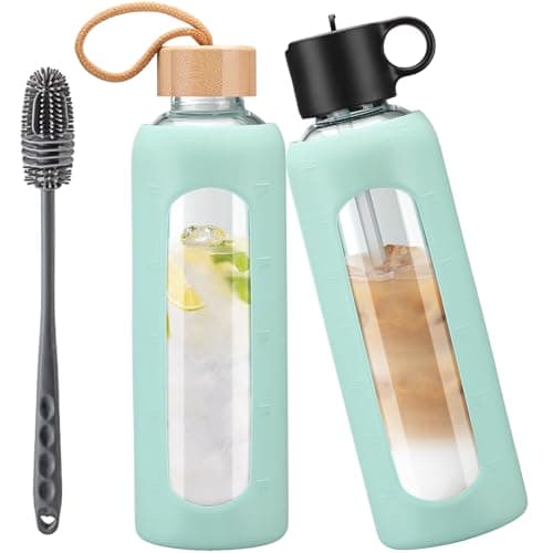 Image of HYDRAGLAZIC 750ml Glass Water Bottle With 2 Lids-Flip Straw Lid, Bamboo Lid, Glass Water Bottle With Silicone Sleeve, Motivational Time Marker, Glass Juice Bottle for Cold Drink,Light Blue
